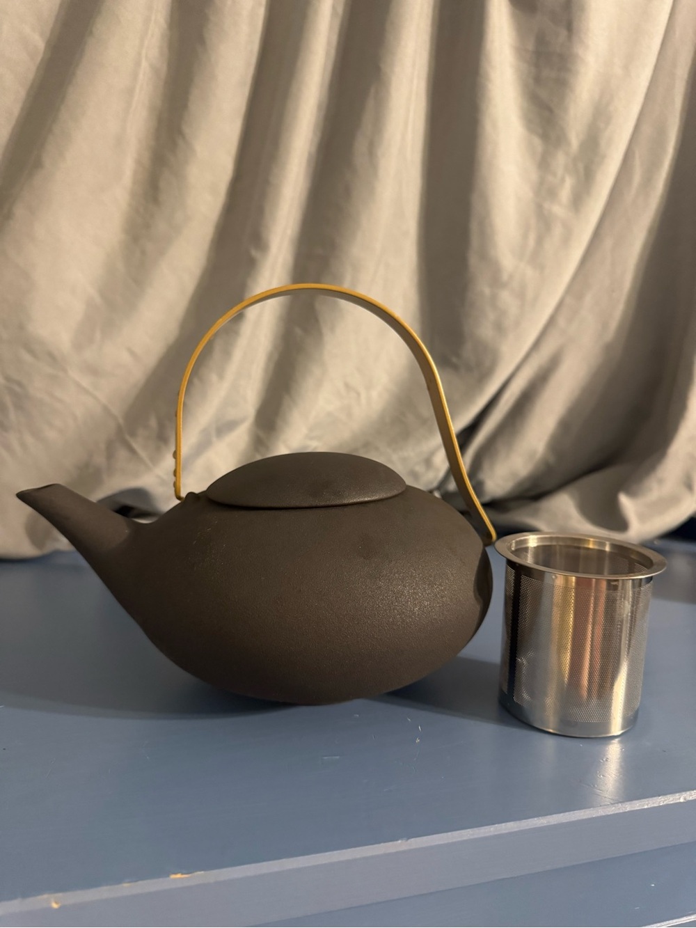 Teavana Matte gray stoneware Teapot with Yellow Handle and Stainless Infuser